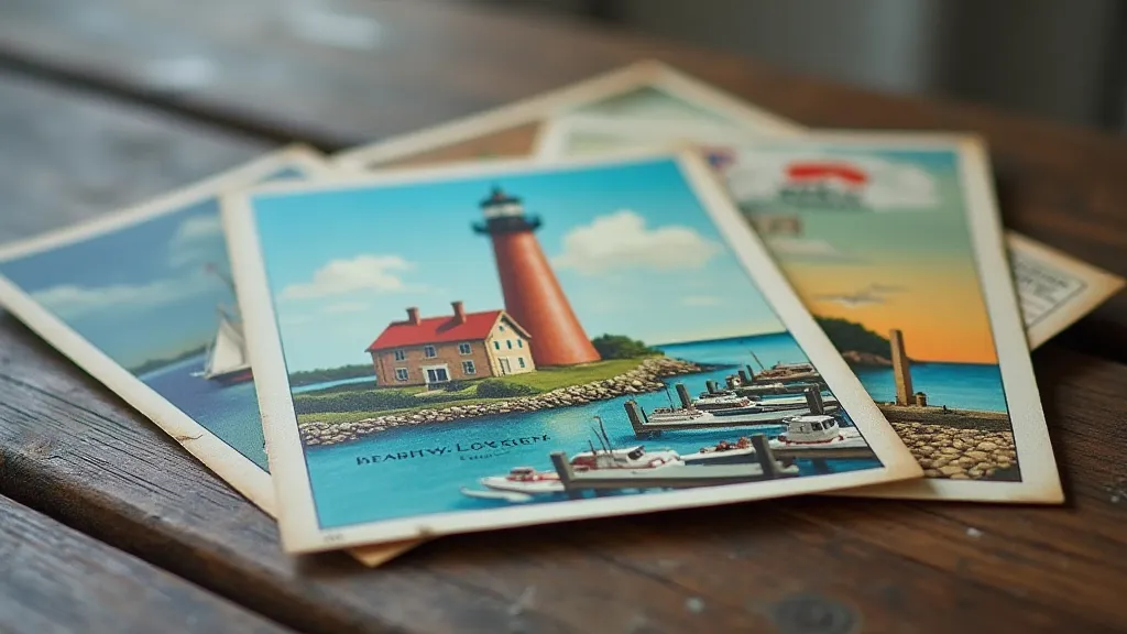 Vintage Maine postcards laid out on wood